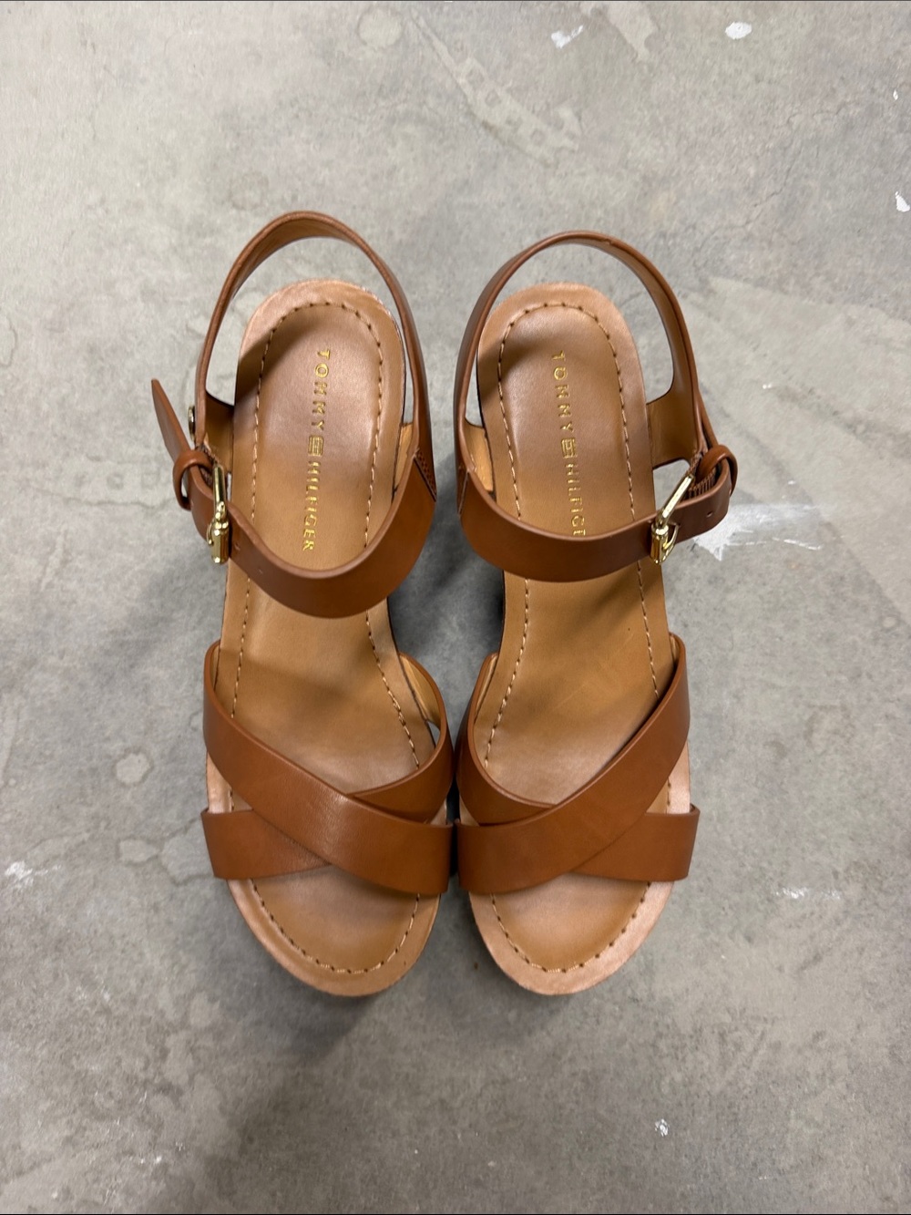Tommy Hilfiger Brown Tan Cross-Strap Wedge Heel Platform Sandals